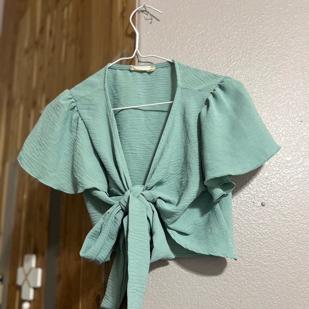 Green v cut blouse